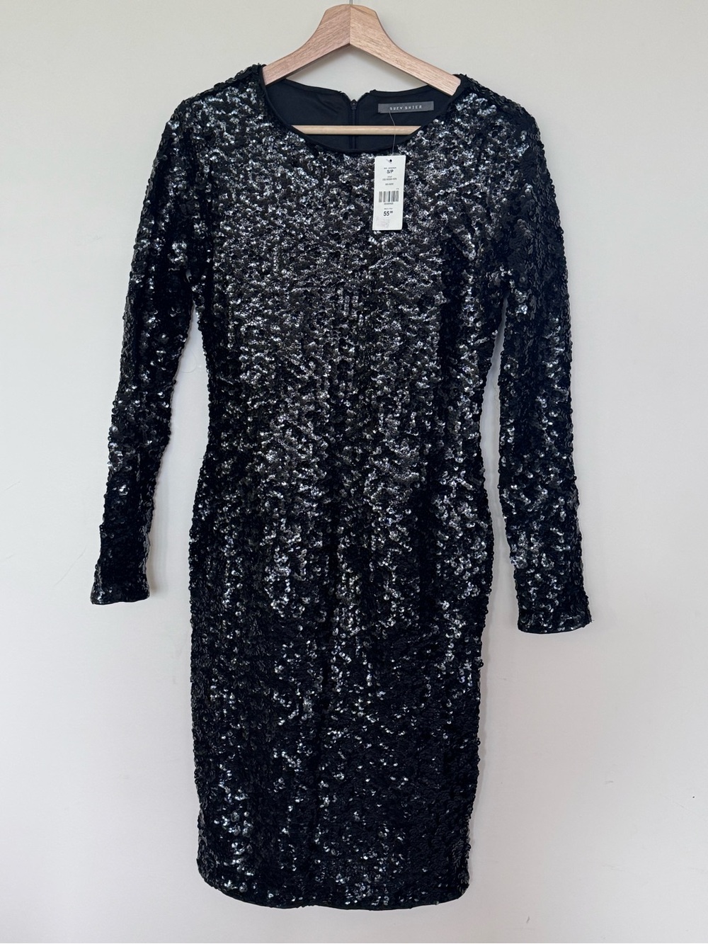 NWT Suzy Shier Black Sequin Long Sleeve Cocktail Dress Size Small